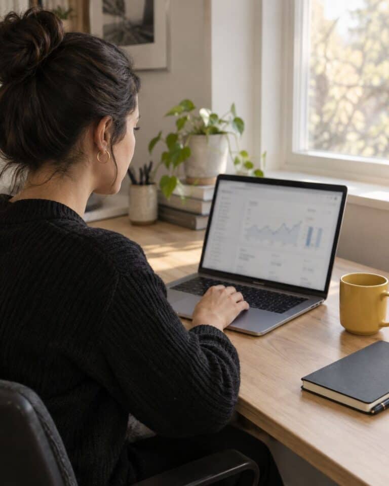 Publisher reviewing ad earnings on a laptop at a home desk with a yellow mug and notebook