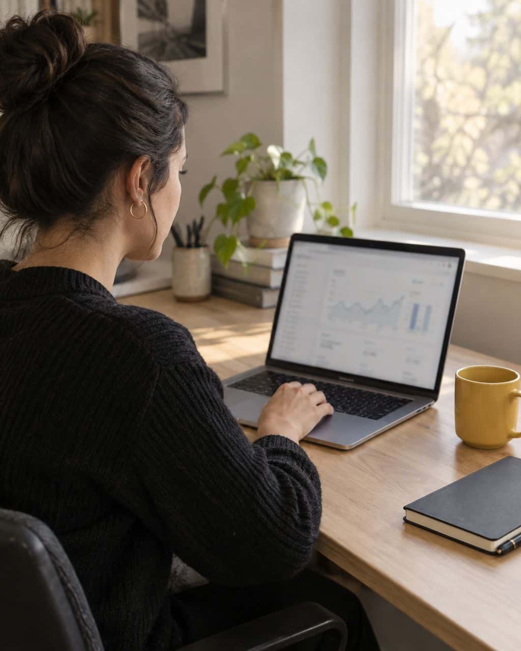 Publisher reviewing ad earnings on a laptop at a home desk with a yellow mug and notebook