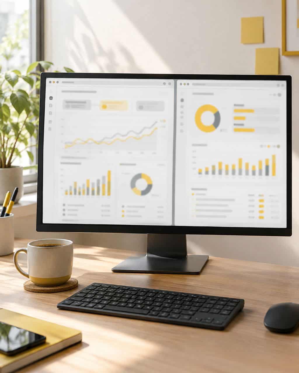 Media buyer comparing two traffic analytics dashboards on a monitor