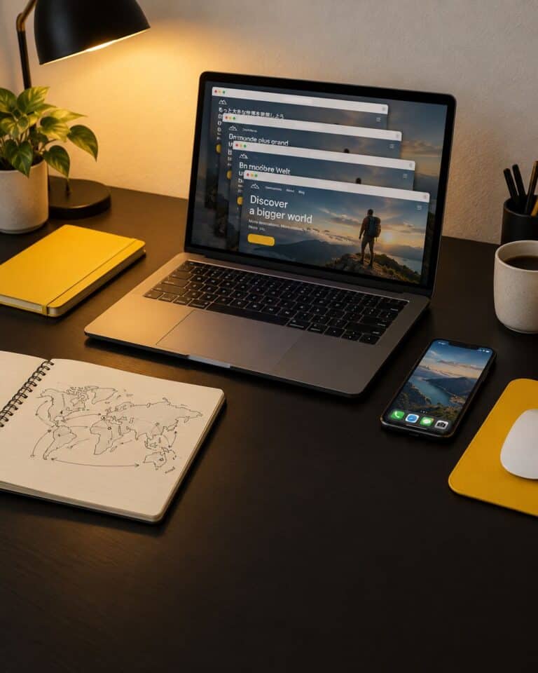 Laptop showing the same landing page in several languages and countries through a proxy setup, beside a notebook with a world map — can proxies be used safely with ad campaigns