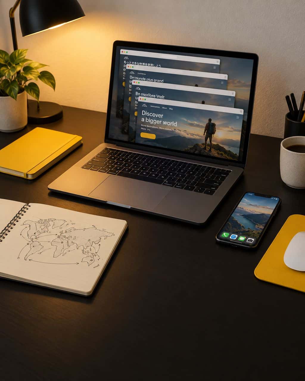 Laptop showing the same landing page in several languages and countries through a proxy setup, beside a notebook with a world map — can proxies be used safely with ad campaigns