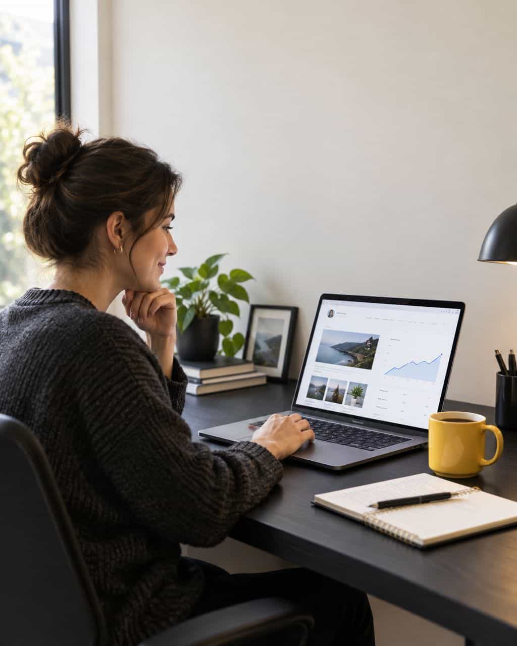 Small publisher reviewing website traffic on a laptop at a home office desk with a yellow mug