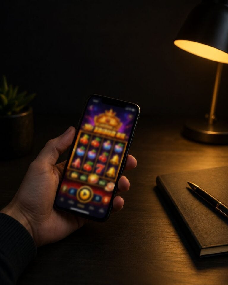 Hand holding a smartphone with a mobile casino app on screen under a warm yellow desk lamp — iGaming ads without a gambling license