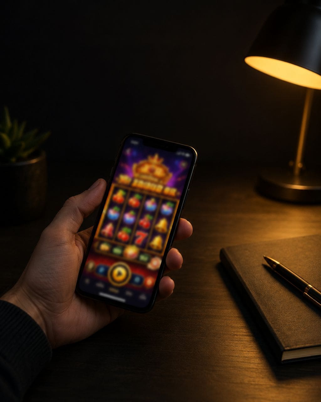 Hand holding a smartphone with a mobile casino app on screen under a warm yellow desk lamp — iGaming ads without a gambling license