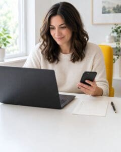 Website owner reviewing a checklist on paper beside a laptop and phone while checking ad network requirements