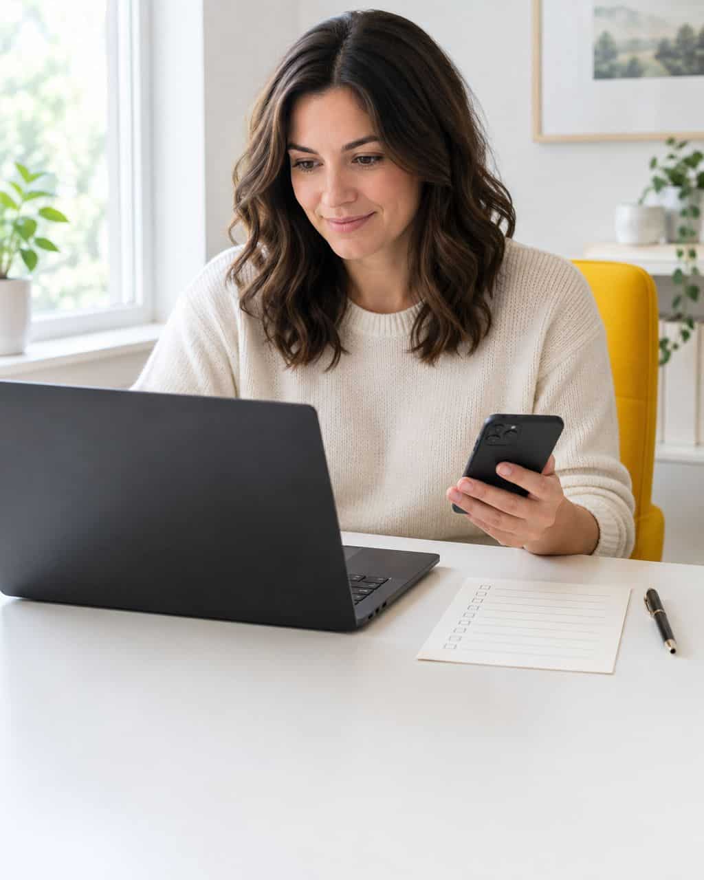 Website owner reviewing a checklist on paper beside a laptop and phone while checking ad network requirements