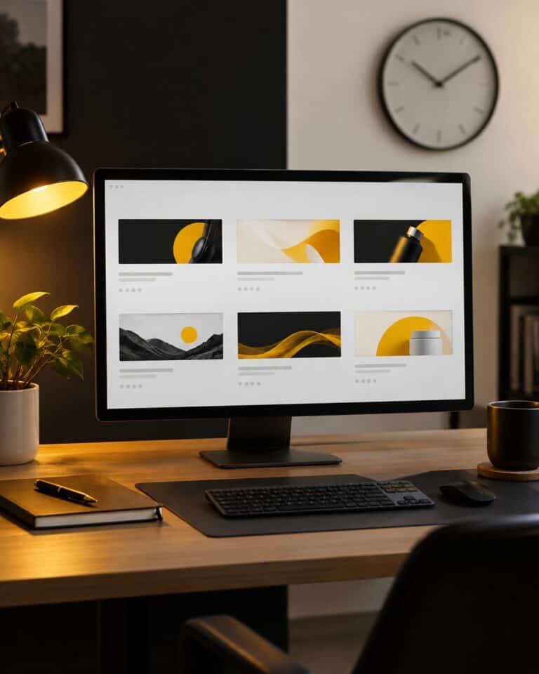 Desktop monitor showing a grid of ad banner thumbnails under review beside a wall clock — how long adult ad campaign approval takes