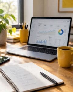 Media buyer's desk with a laptop showing analytics charts beside a notebook and yellow coffee mug