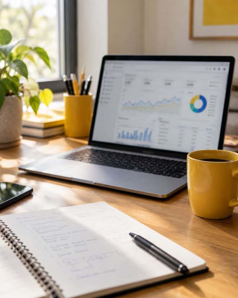Media buyer's desk with a laptop showing analytics charts beside a notebook and yellow coffee mug