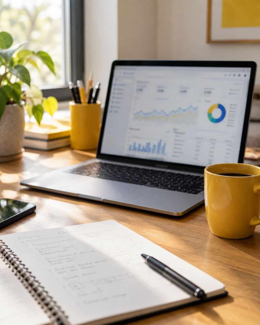 Media buyer's desk with a laptop showing analytics charts beside a notebook and yellow coffee mug