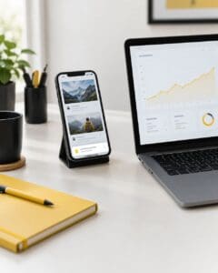 Smartphone showing push notifications beside a laptop with a rising performance chart
