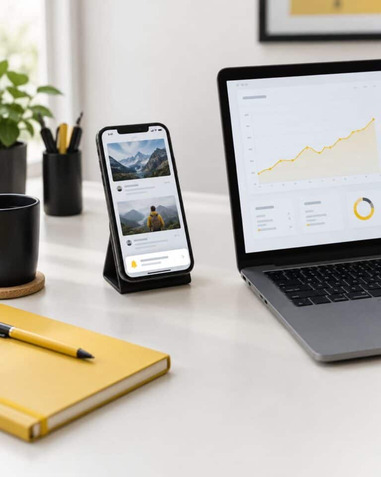 Smartphone showing push notifications beside a laptop with a rising performance chart