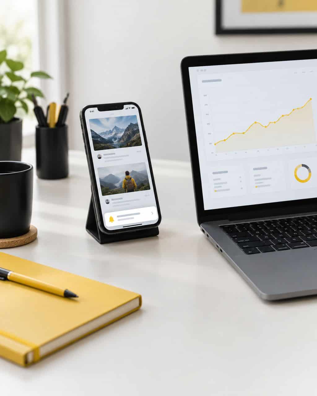 Smartphone showing push notifications beside a laptop with a rising performance chart