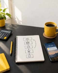 Notebook with a hand-drawn conversion funnel beside a calculator and a smartphone showing a notification banner — how much CPA networks pay per conversion