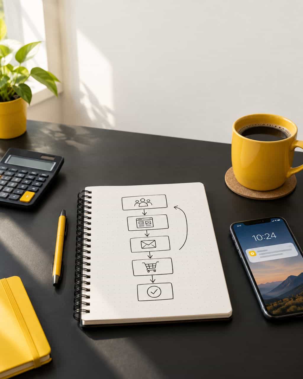 Notebook with a hand-drawn conversion funnel beside a calculator and a smartphone showing a notification banner — how much CPA networks pay per conversion
