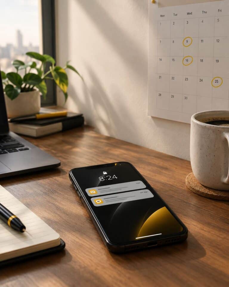 Smartphone showing notification banners on a desk beside a planning calendar