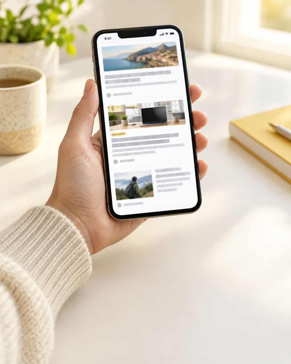 Hand holding a smartphone showing a native sponsored article in a news feed