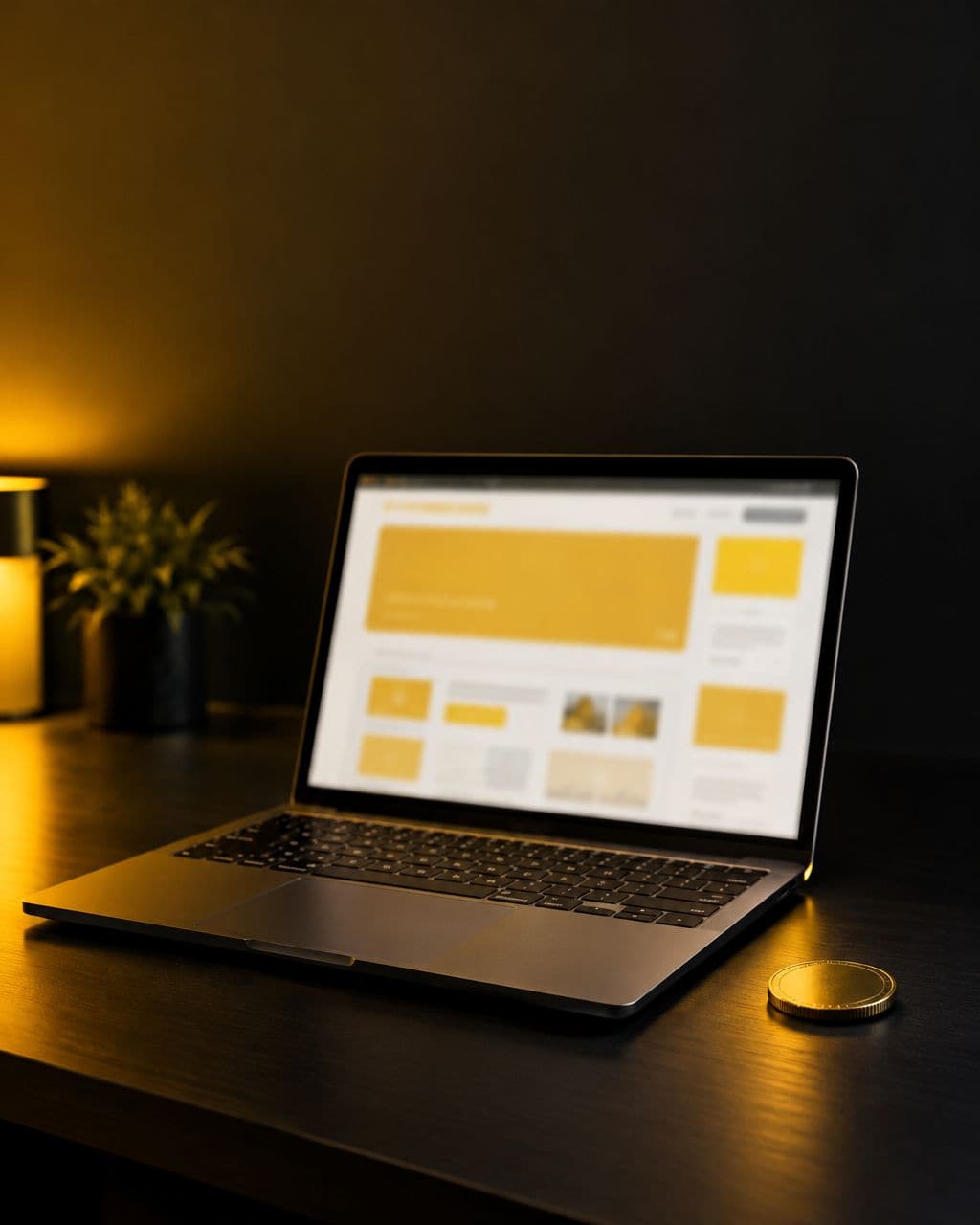 Laptop showing display banner ad layouts in yellow and black beside a crypto coin
