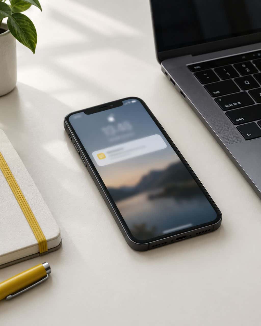 Smartphone showing an incoming push notification next to a laptop on a light desk