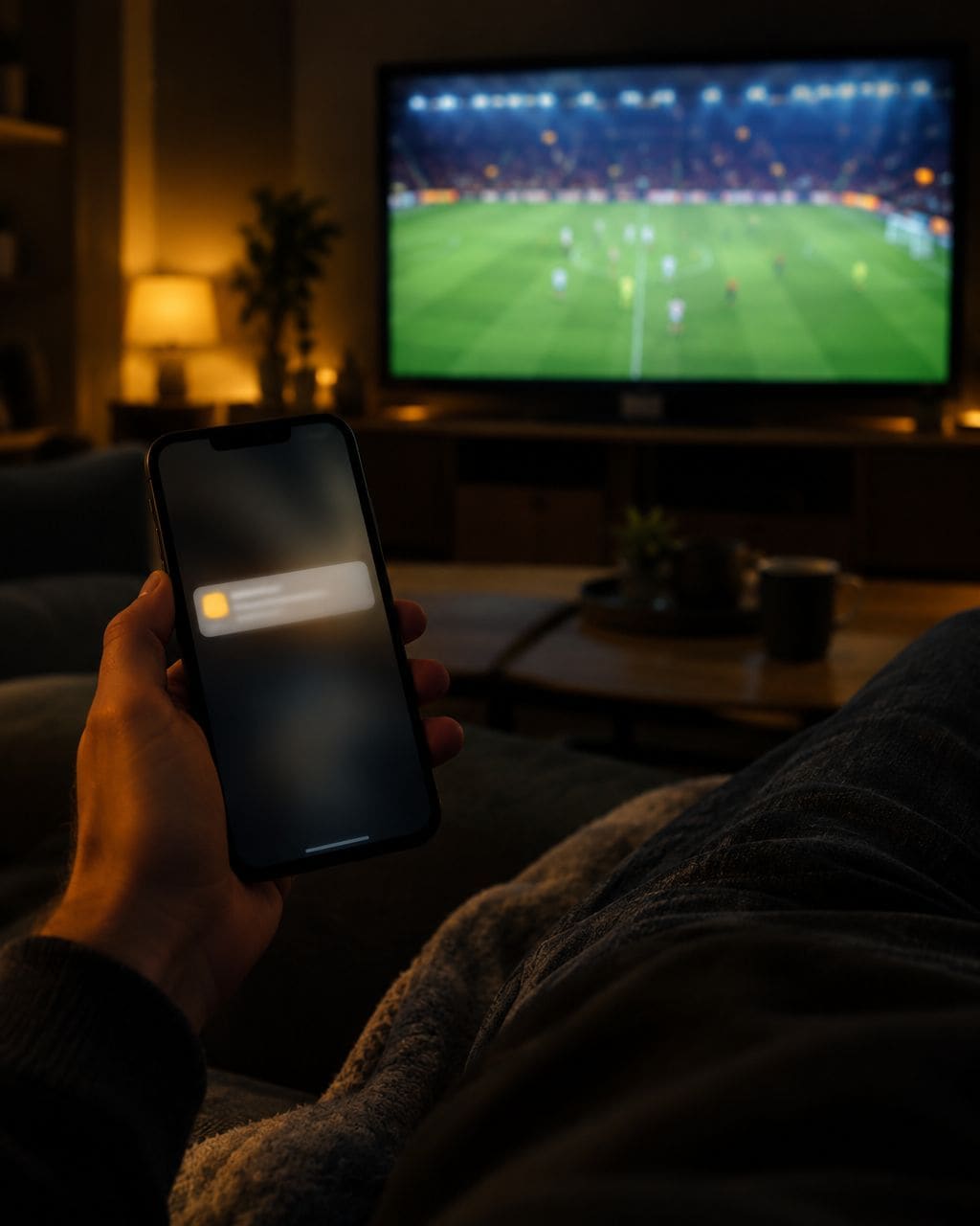 Fan checking a match notification on a phone during a live football match