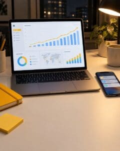 Laptop showing a GA4-style traffic acquisition dashboard with an upward chart beside a smartphone with push notifications