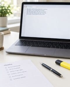 Laptop showing a plain-text ads.txt record file beside a checklist and a yellow highlighter