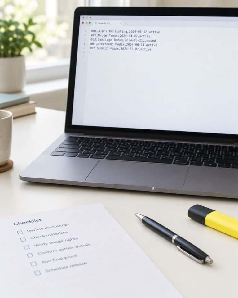 Laptop showing a plain-text ads.txt record file beside a checklist and a yellow highlighter