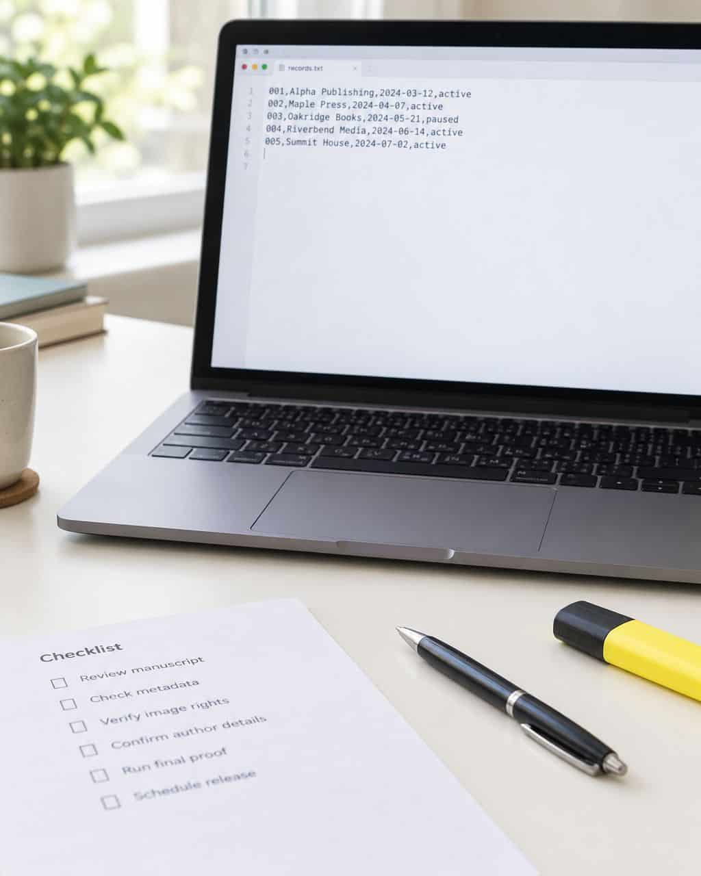 Laptop showing a plain-text ads.txt record file beside a checklist and a yellow highlighter