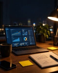 Media buyer comparing CPM and CPC popunder campaign costs on a laptop at night