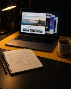 Media buyer's laptop showing stacked website windows behind a landing page, with a hand-drawn CPA funnel notebook on a yellow desk pad