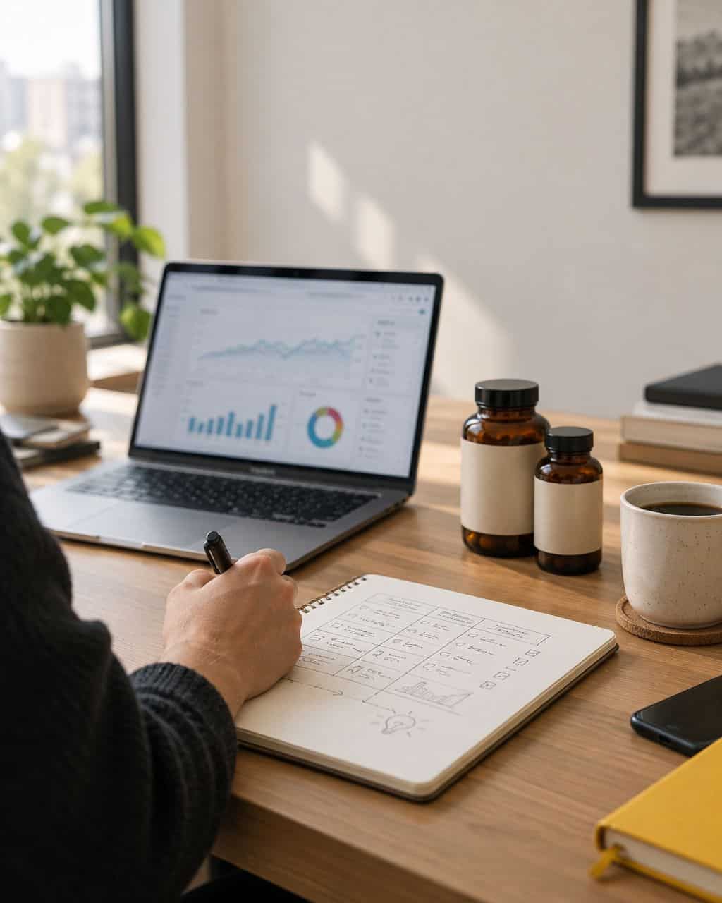 Media buyer planning a nutra offer test beside a laptop with analytics and supplement bottles on a desk
